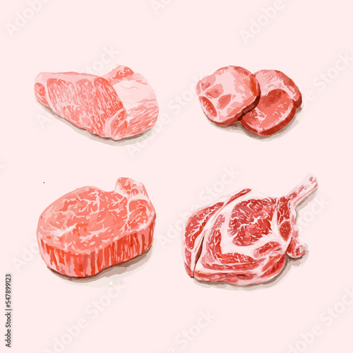 Set of raw beef steaks. Watercolor vector illustration.