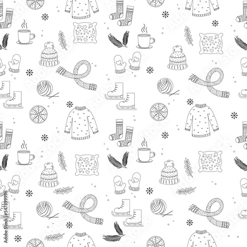 Pattern winter elements outline. Sweater, cup, scarf, hat