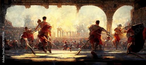 Gladiators fight in a colosseum. Slave. roman soldiers armed and fighting. photo