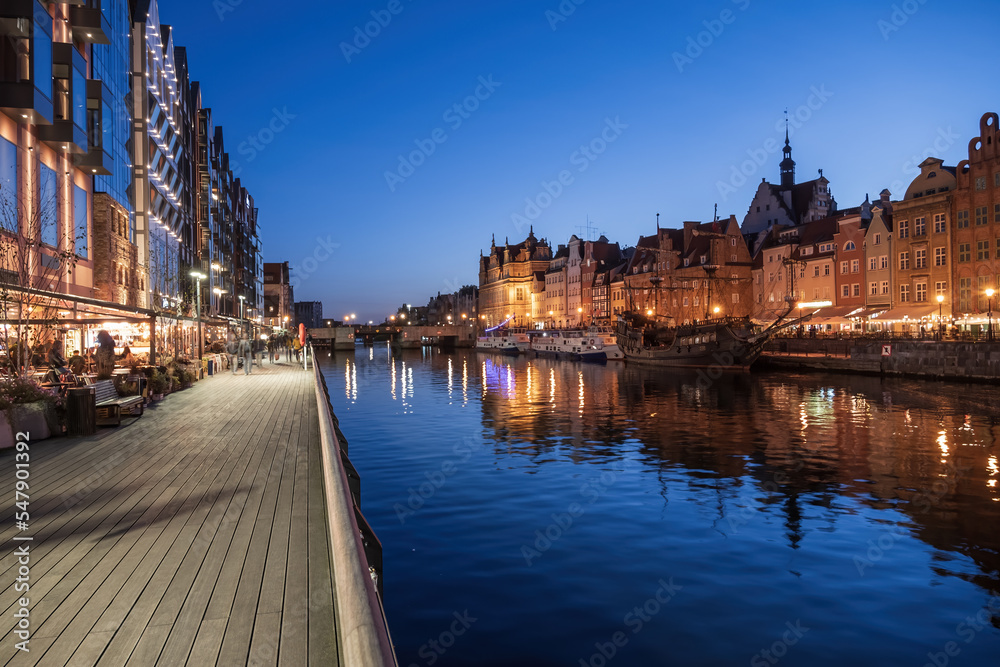 Evening River View Of Gdansk Old Town In Poland