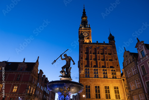 Neptune Fountain And Main Town Hall In Gdansk, Poland