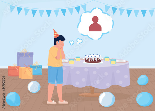 Sad birthday party flat color vector illustration. Little boy crying of loneliness. Celebration holiday alone. Fully editable 2D simple cartoon character with decorated room on background