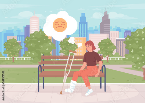 Upset woman with broken leg in park flat color vector illustration. Painful injury. Recovery after physical trauma. Fully editable 2D simple cartoon character with public garden on background