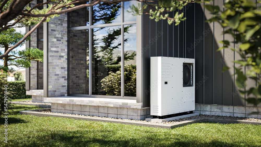 Heat pump installed at the wall of a single-family house 3d render showing renewable energy sources. - obrazy, fototapety, plakaty 
