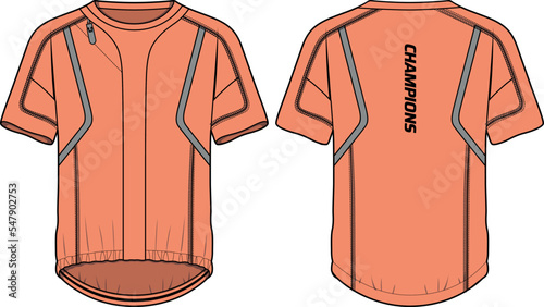 Short sleeve Compression running base layer top t shirt flat sketch design illustration, Tight fit top design vector template, Active wear compression top concept with front and back view