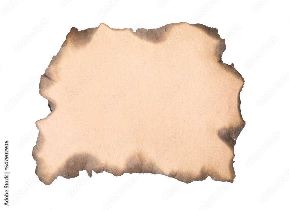 Piece of brown paper with dark burnt borders on white background, top view. Space for text Piece of brown paper with dark burnt borders on white background, top view. Space for text