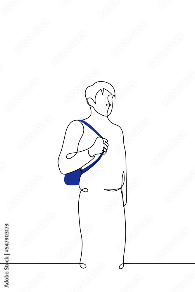 man stands holding the handle of a briefcase hanging on his back - one line drawing vector. concept man with backpack