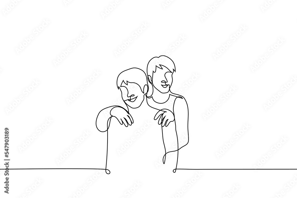 man carries a friend on his back - one line drawing vector. concept smiling friends, skinship man carries a friend on his back - one line drawing vector. concept smiling friends, skinship