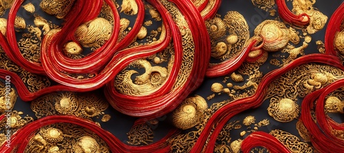chinese lunar new year. Fabric pattern. Golden and red accent. Luck.