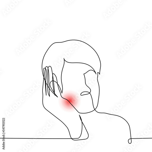 man grabbed his cheek to the source of pain - one line drawing vector. concept acute toothache