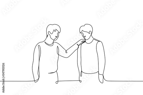 man supports friend - one line drawing vector. concept man comforts his friend, moral and psychological support, skinship