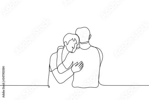 two men hugging - one line drawing vector. concept hug day, relationship of homosexual men
