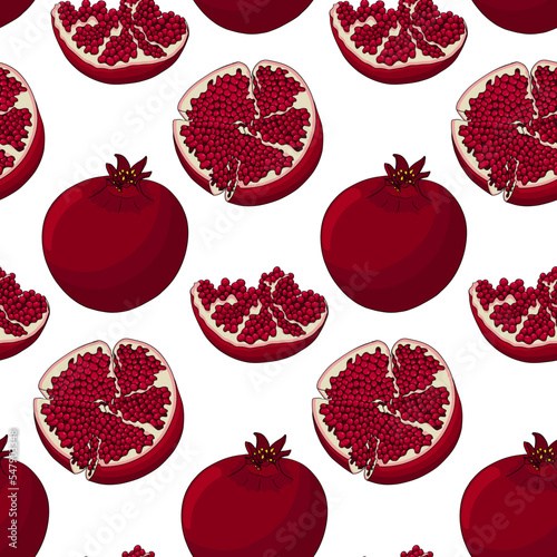 Pomegranate vector seamless pattern. Vegetarian food drawing. Ripe garnet fruit with seeds 