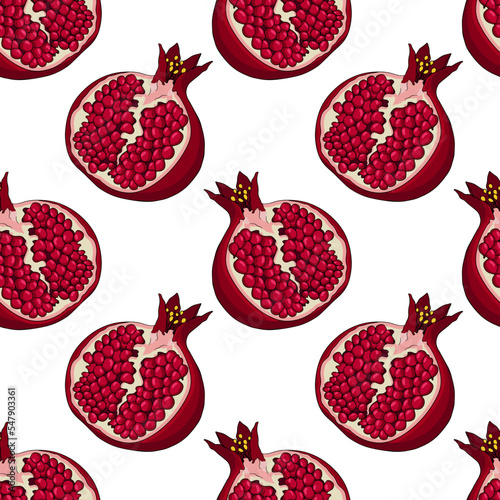 Pomegranate vector seamless pattern. Vegetarian food drawing. Ripe garnet fruit with seeds 