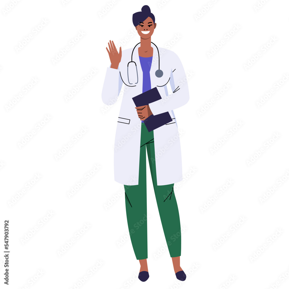 Black smiling female doctor makes a welcome gesture. Doctor with stethoscope and in white coat isolated on white. A full-length character is holding a clipboard. Flat style, vector. Black smiling female doctor makes a welcome gesture. Doctor with stethoscope and in white coat isolated on white. A full-length character is holding a clipboard. Flat style, vector.