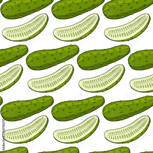 Vector cucumber pattern. Vegetable colored pattern. Detailed cucumbers drawing. Farm market product.