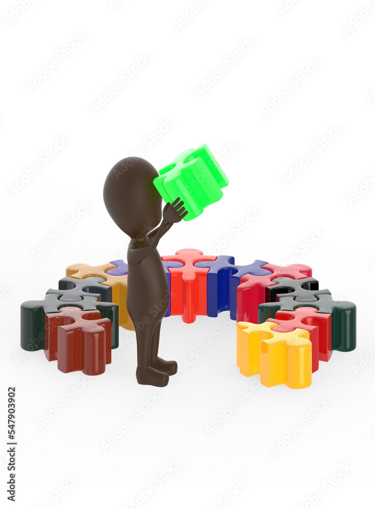 Naklejka premium 3d brown character arranging jigsaw