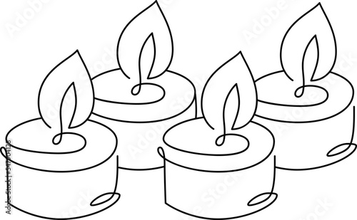 Hand drawn continuous one line four candles vector icon. Christmas advent four burning cundles. Outline illustration for greeting card, web design isolated holiday invitation on white background
