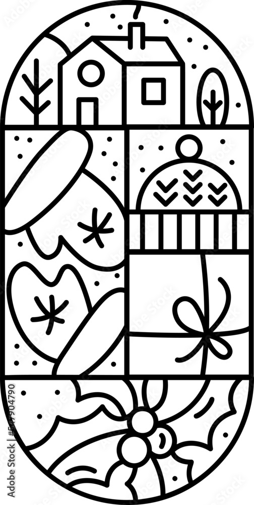 Christmas advent composition snow, gift boxes, hat, house and trees. Hand drawn winter vector constructor logo in two half round frame and rectangles for greeting card