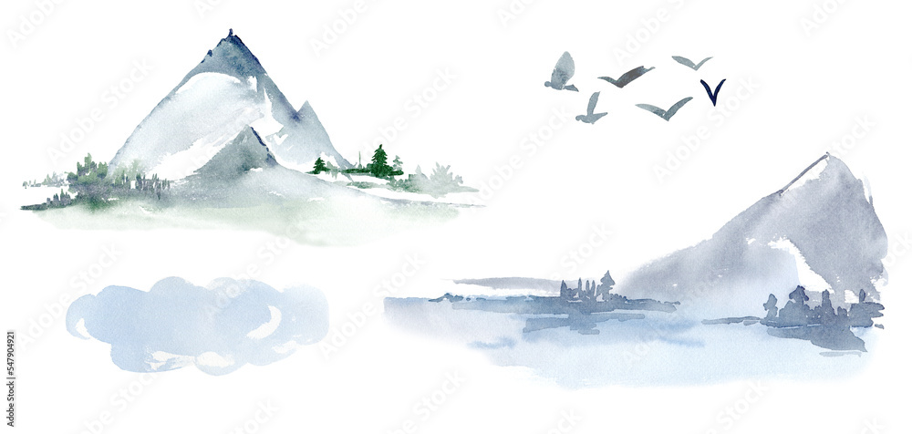 Watercolor landscape of mountains and forests. Mountains in the fog, abstract mountain landscape for postcards and invitations. Adventure in the mountains, hiking in the mountains