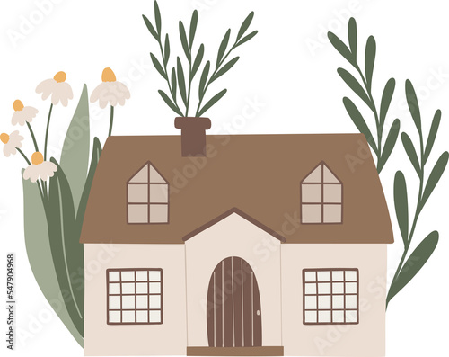 Clipart cute house in neautral beige colors, boho illustration with plants