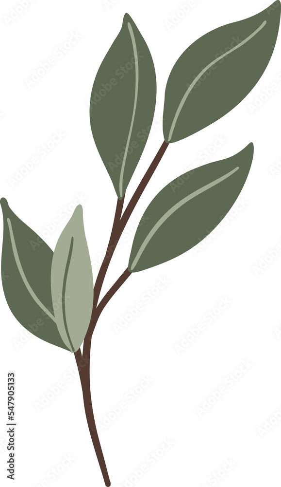Floral tree branch with green elegant leaves clipart element