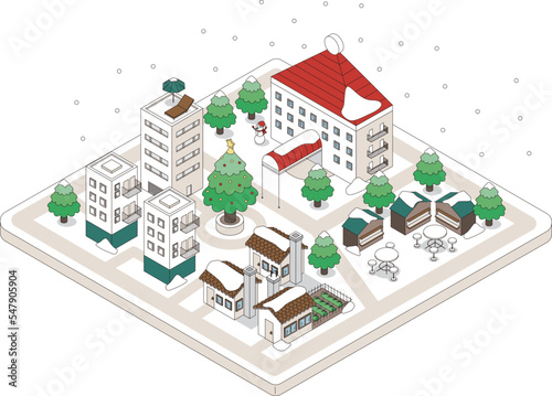 クリスマスツリーのある雪の降る街のセットのアイソメイラスト