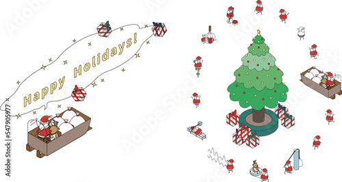 様々なポーズのサンタクロースのセットアイソメイラスト