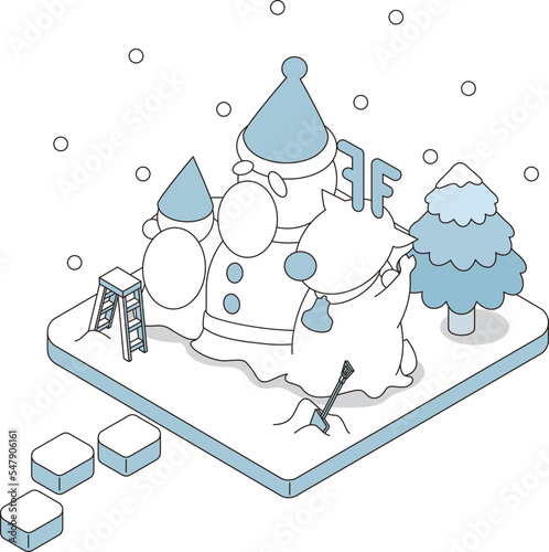 サンタクロース、トナカイ、妖精のモチーフにした雪像のアイソメイラスト