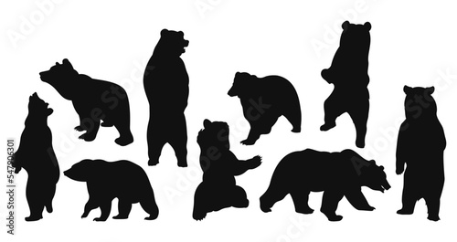 Set of bear silhouette - Standing and sitting isolated on white background