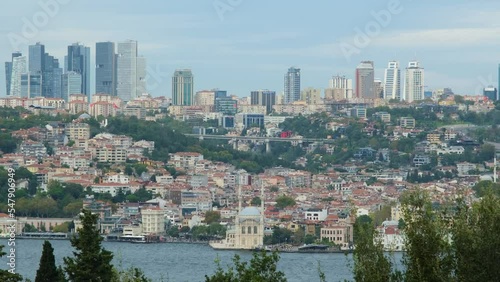 Wide angle Ortakoy Mosque and Istanbul bosphorus cityscape from Nakkastepe, Beautiful Istanbul landscape 4k 60 fps video with tripod