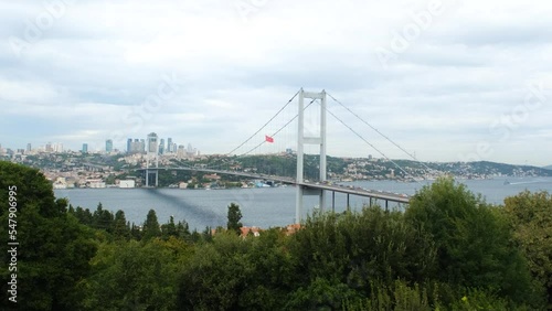 Wide angle 15th of July Martyrs Bridge from Nakkastepe National Garden Park, cloudy sky, transportation idea, 4k 60fps video shot with a tripod