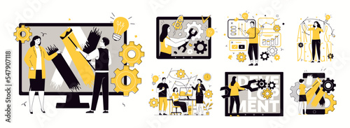 Set of illustrations of creating web project. Collaboration of designers and developers in development of websites, mobile and computer applications. Vector characters flat cartoon.