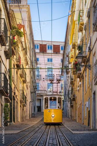 Historic yellow tram in Lisbon, Portugal