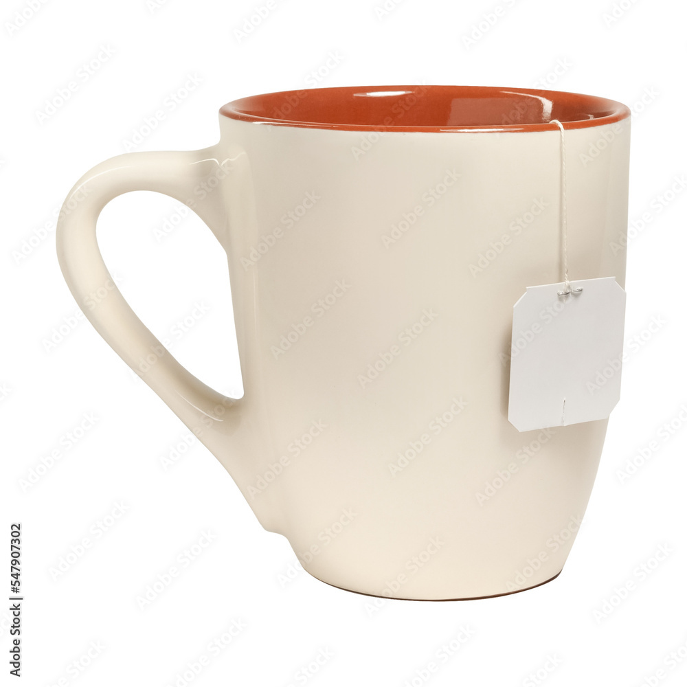 Beige ceramic mug with teabag label. isolated on a transparent background - obrazy, fototapety, plakaty 