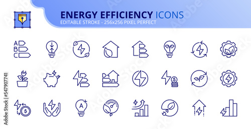 Simple set of outline icons about  energy efficiency and saving. Sustainable development.