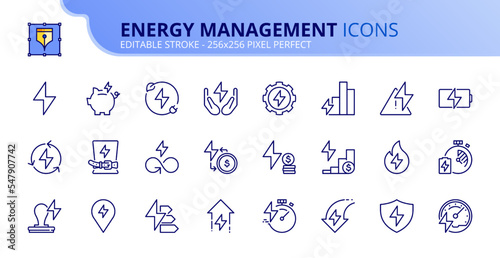 Simple set of outline icons about energy management. Sustainable development