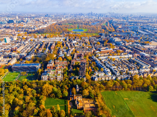 Aerial view of West Kensigton and Hyde park in London in autumn, England