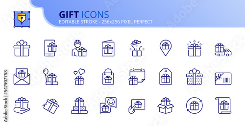 Simple set of outline icons about gift. Shopping concept.