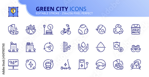 Simple set of outline icons about green city. Sustainable development.