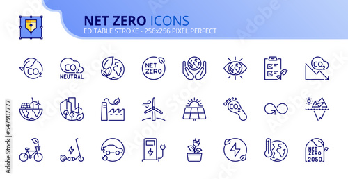 Simple set of outline icons about net zero. Sustainable development.