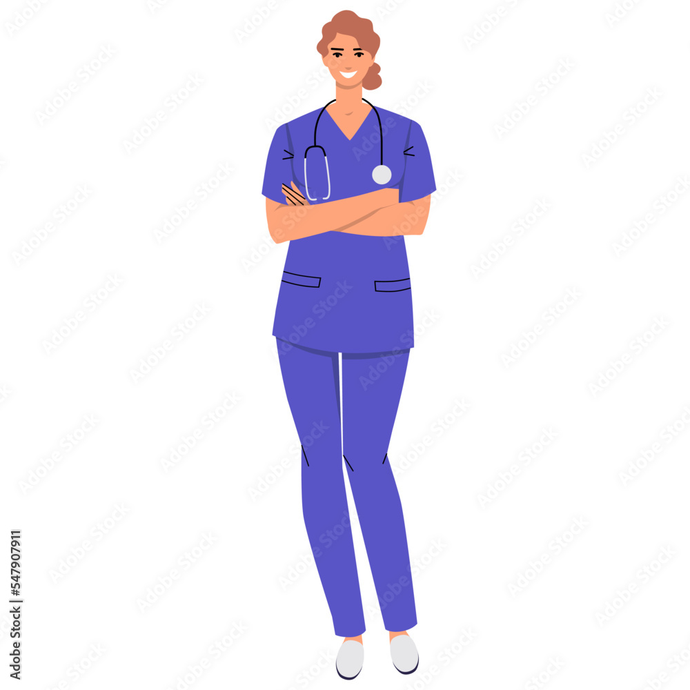 Nurse standing with arms crossed isolated on white background. Medical worker with stethoscope and wearing scrubs. Smiling character. Flat style, vector illustration.