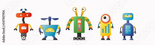 Set of cute vector robot characters for kids. 5 funny vintage style robotics