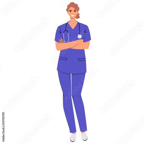 Nurse standing with arms crossed isolated on white background. Medical worker with stethoscope and wearing scrubs. Smiling character. Flat style, vector illustration.