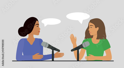 People listen to sound in headphones, podcast app on smartphone, podcaster speaks into microphone or audiobook. Radio Dj, blogging. A girl reads the news, speaks into a microphone an online show.musiс
