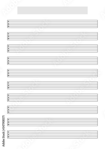 Blank Guitar (6 strings) tablature sheet template to write music. A4 format in portrait mode with a song title and artist name block at the top photo