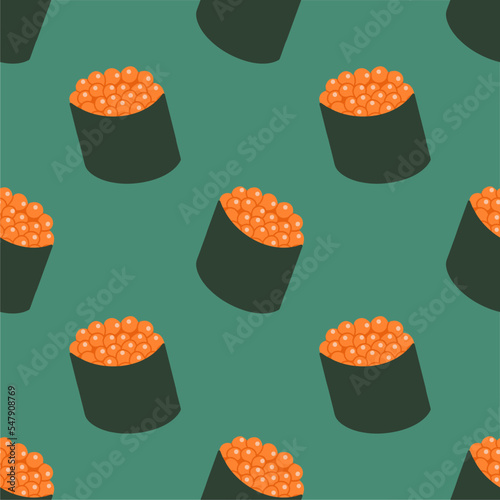 Gunkan Maki Sushi with red caviar. Japanese traditional cuisine. Fresh seafood. Hand clipart, cartoon. Seamless colorful pattern.