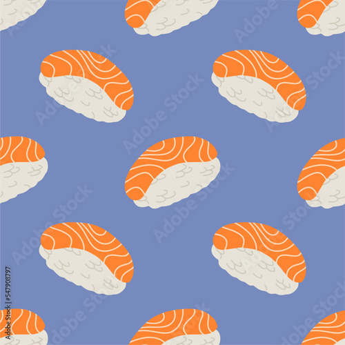 Sushi with salmon. Traditional Japanese cuisine, fresh seafood. Seamless pattern on a blue background. Isolated clipart, hand drawn cartoon.