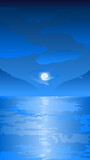 Night ocean vector illustration. Moonlight at sea for graphic, wallpaper, resources, business, design or decoration. Moonlight reflection at sea. Night sky at sea