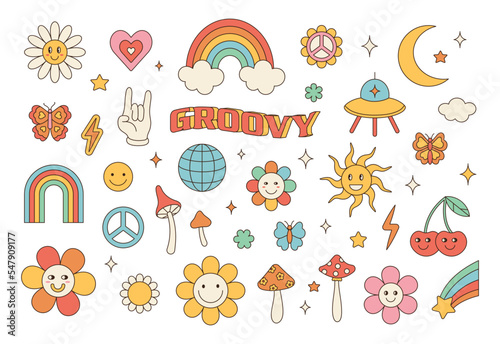 Groovy hippie 70s set. Funny cartoon flower, rainbow, peace, Love, heart, daisy, mushroom etc. Sticker pack in trendy retro psychedelic cartoon style.